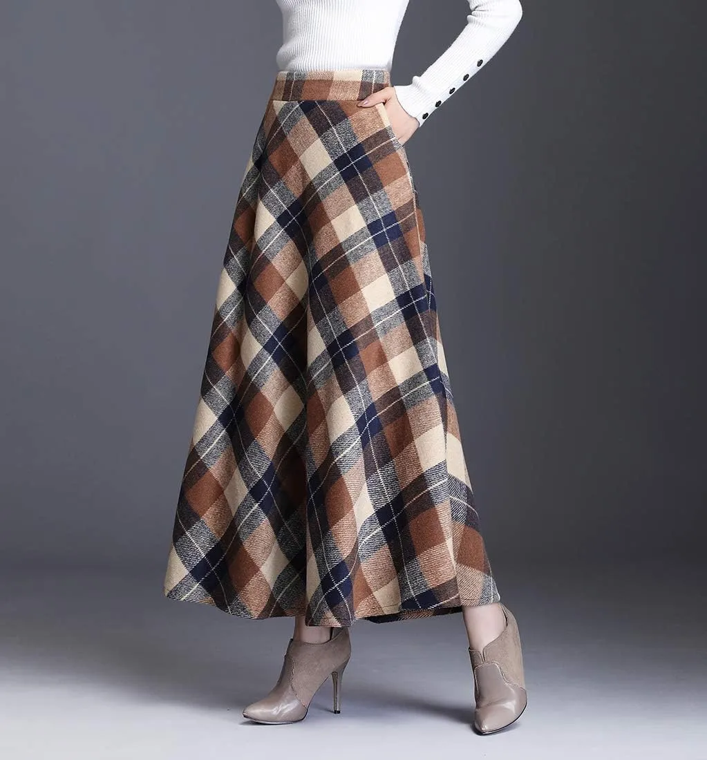 Women's Winter High Waist Plaid Long Skirt Slim A-line Elegant Maxi Skirt with Pocket