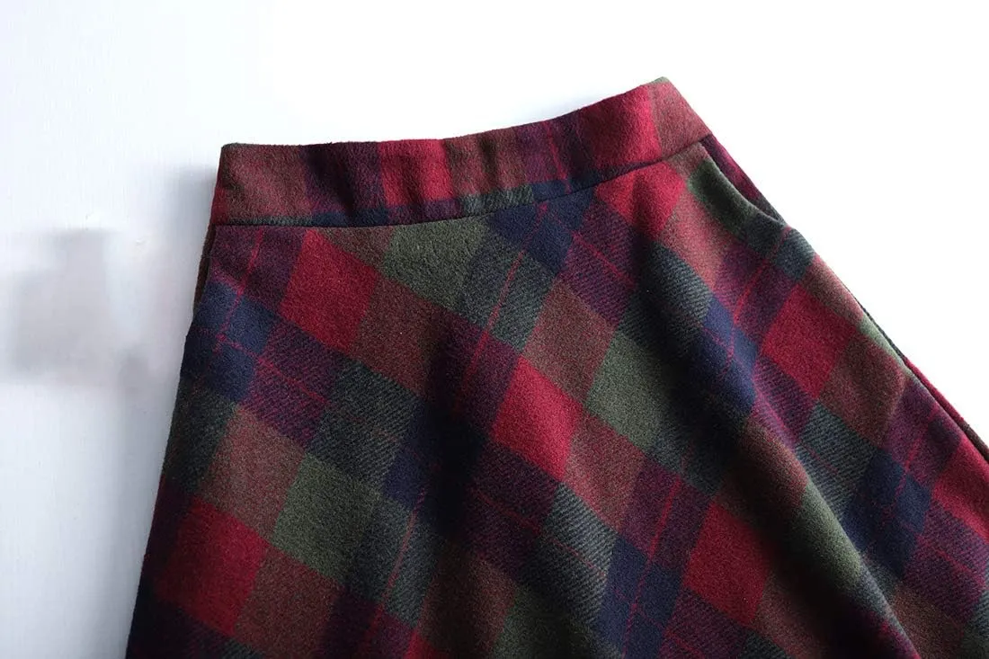 Women's Winter High Waist Plaid Long Skirt Slim A-line Elegant Maxi Skirt with Pocket