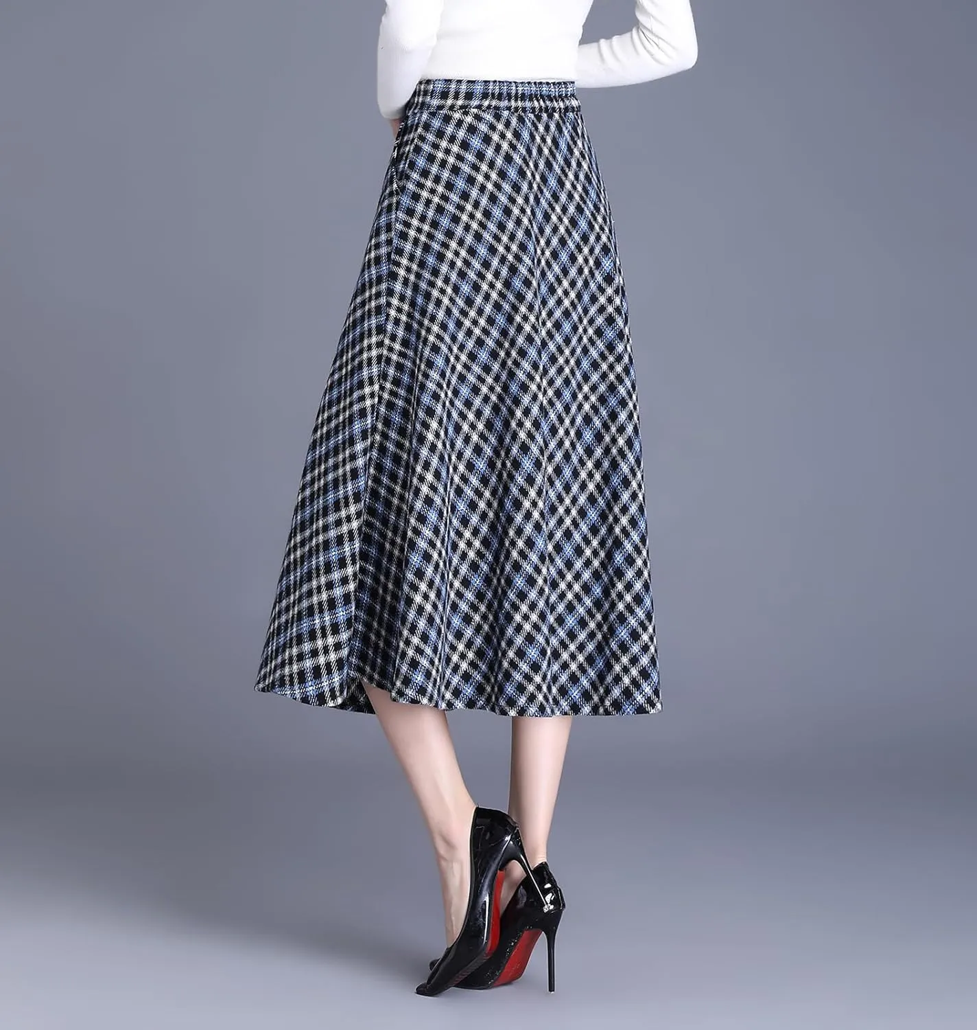 Women's Winter High Waist Plaid Long Skirt Slim A-line Elegant Midi Skirt with Pocket