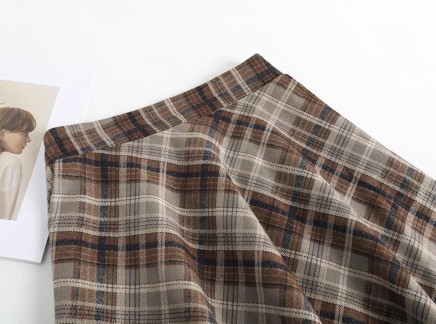 Women's Winter High Waist Plaid Long Skirt Slim A-line Elegant Midi Skirt with Pocket