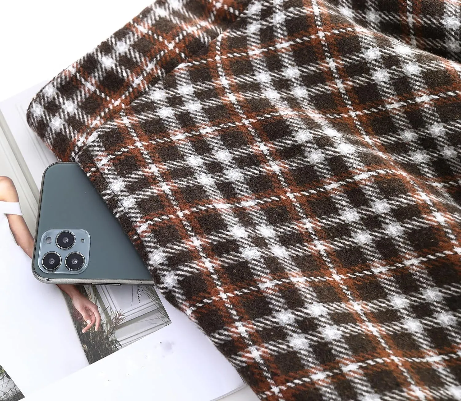 Women's Winter High Waist Plaid Long Skirt Slim A-line Elegant Midi Skirt with Pocket