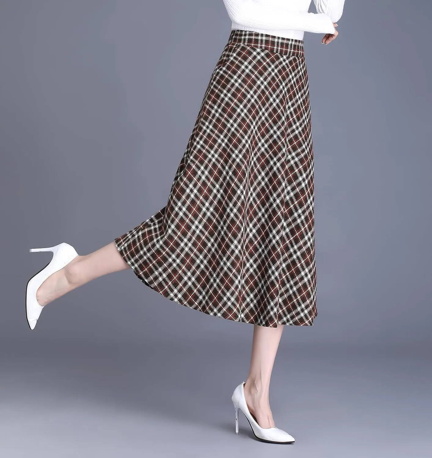 Women's Winter High Waist Plaid Long Skirt Slim A-line Elegant Midi Skirt with Pocket