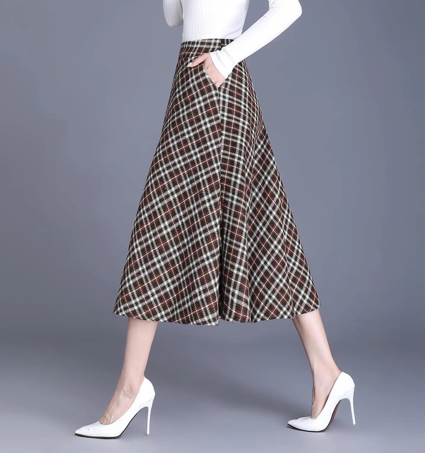 Women's Winter High Waist Plaid Long Skirt Slim A-line Elegant Midi Skirt with Pocket
