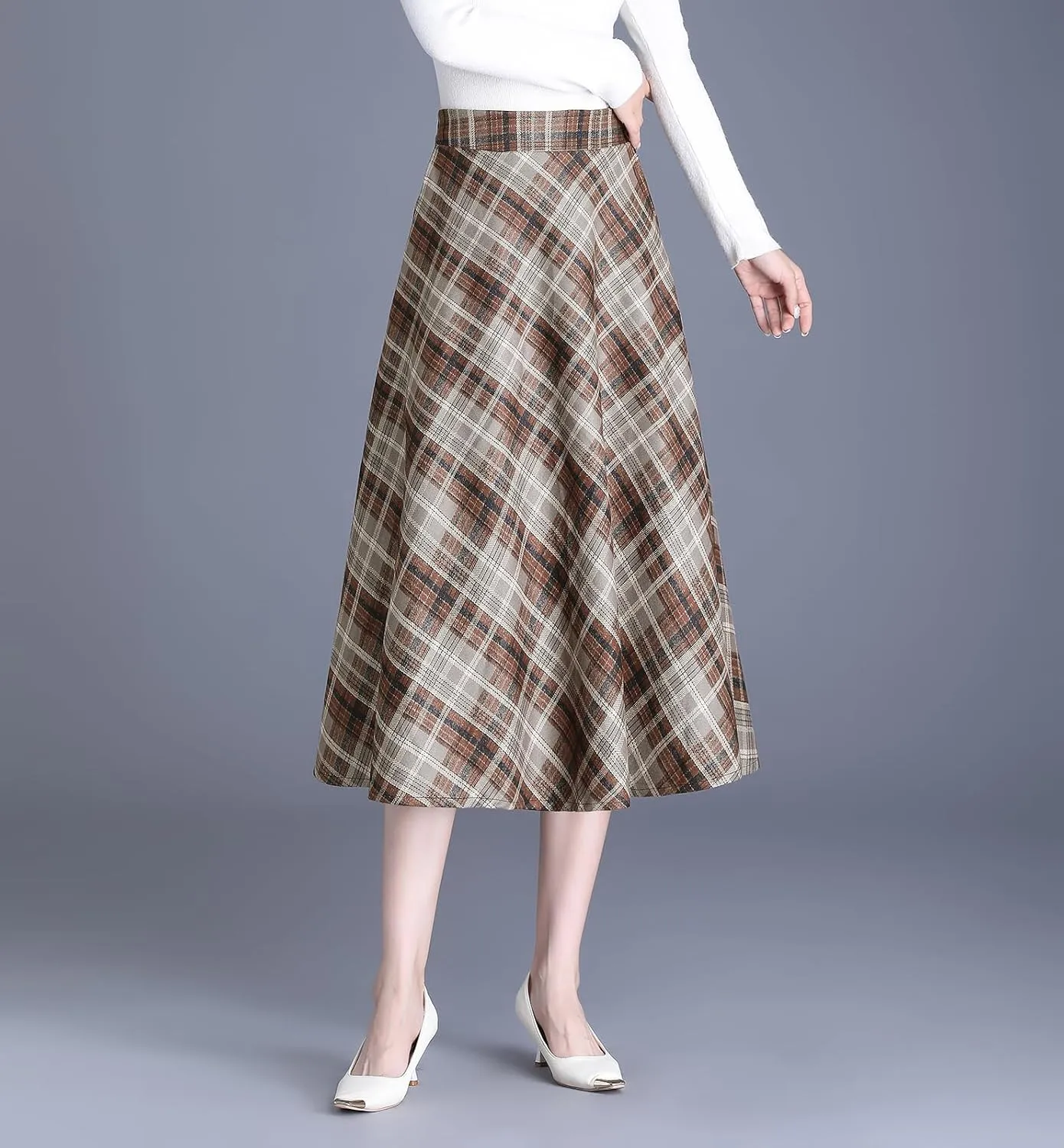 Women's Winter High Waist Plaid Long Skirt Slim A-line Elegant Midi Skirt with Pocket