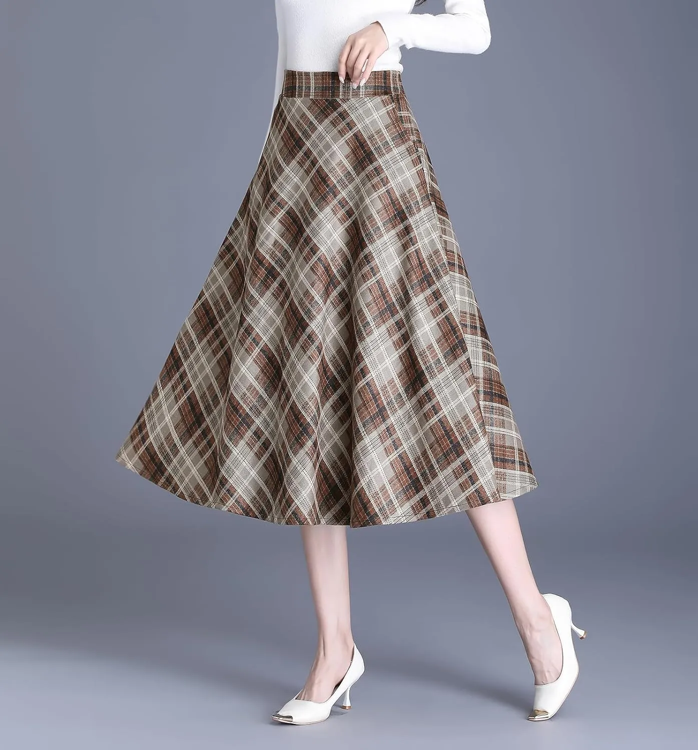 Women's Winter High Waist Plaid Long Skirt Slim A-line Elegant Midi Skirt with Pocket
