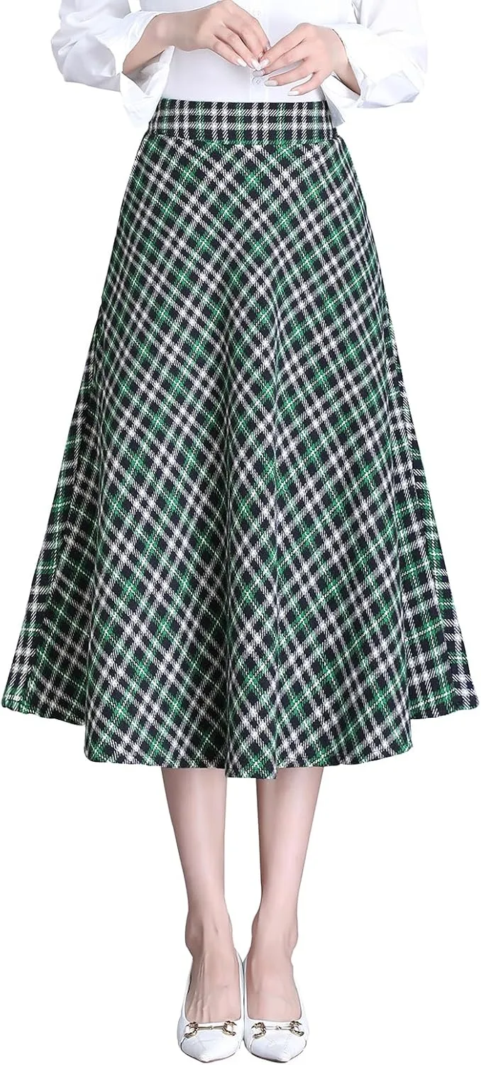 Women's Winter High Waist Plaid Long Skirt Slim A-line Elegant Midi Skirt with Pocket