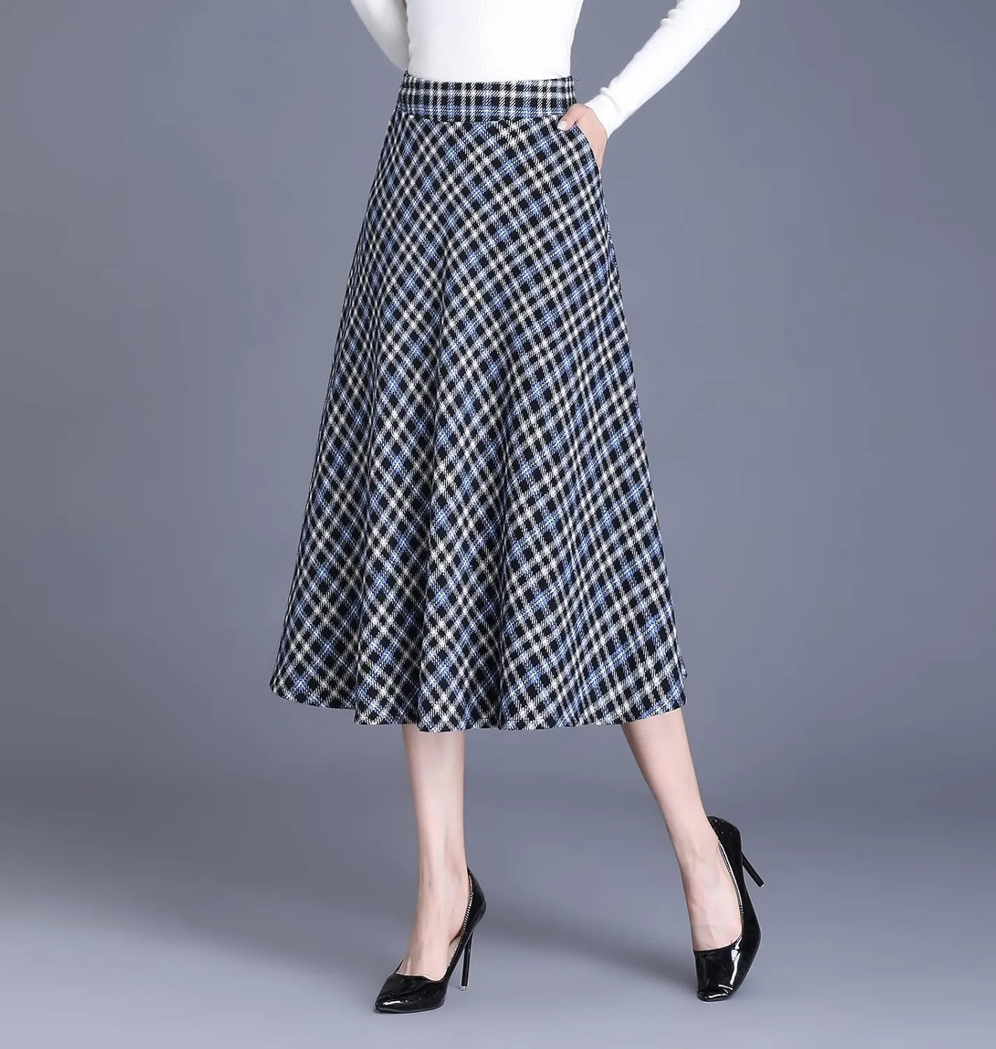 Women's Winter High Waist Plaid Long Skirt Slim A-line Elegant Midi Skirt with Pocket
