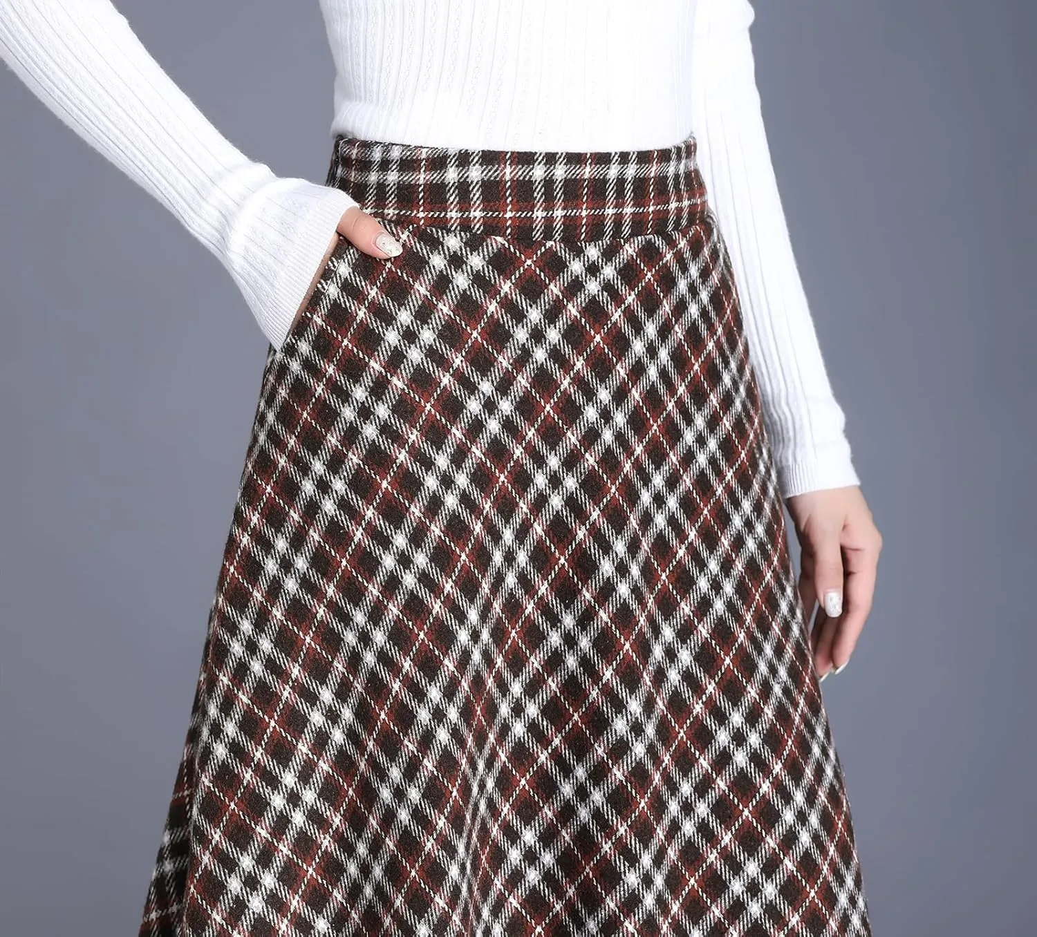 Women's Winter High Waist Plaid Long Skirt Slim A-line Elegant Midi Skirt with Pocket
