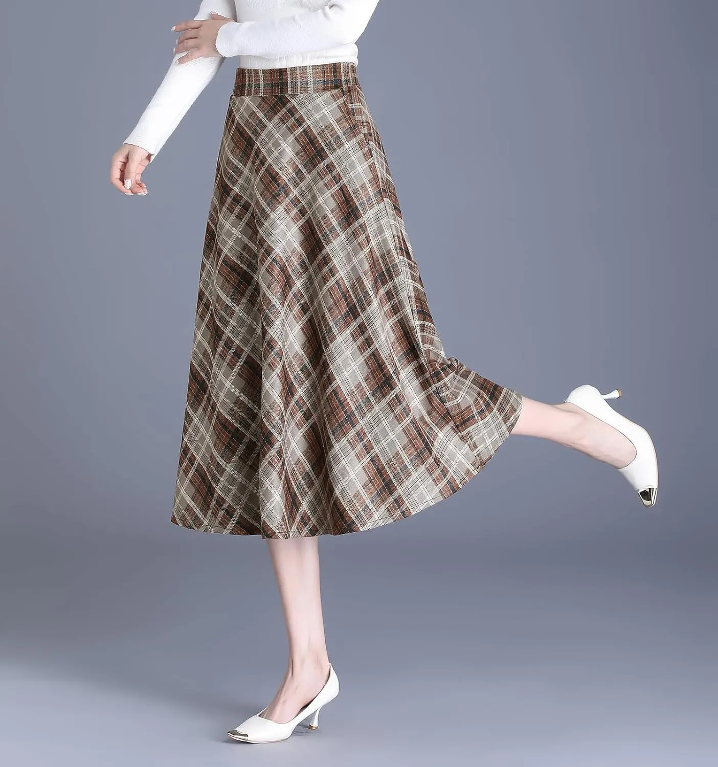 Women's Winter High Waist Plaid Long Skirt Slim A-line Elegant Midi Skirt with Pocket
