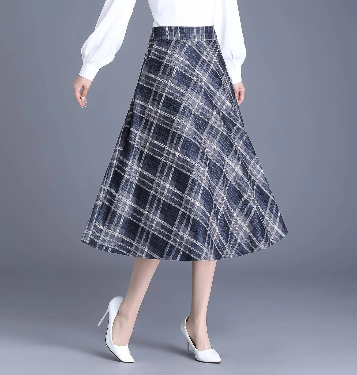 Women's Winter High Waist Plaid Long Skirt Slim A-line Elegant Midi Skirt with Pocket