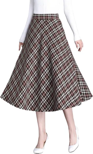 Women's Winter High Waist Plaid Long Skirt Slim A-line Elegant Midi Skirt with Pocket
