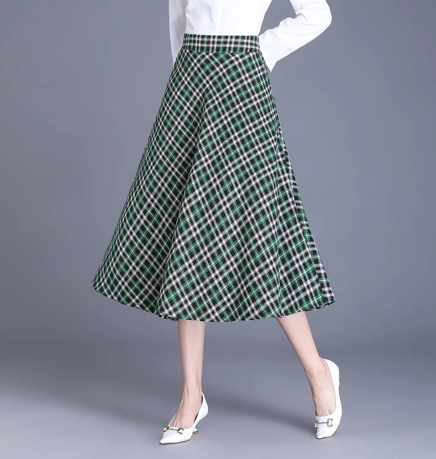 Women's Winter High Waist Plaid Long Skirt Slim A-line Elegant Midi Skirt with Pocket