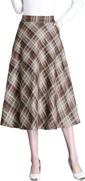 Women's Winter High Waist Plaid Long Skirt Slim A-line Elegant Midi Skirt with Pocket