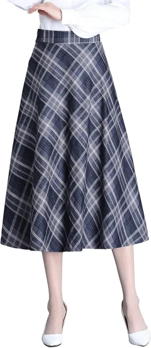 Women's Winter High Waist Plaid Long Skirt Slim A-line Elegant Midi Skirt with Pocket