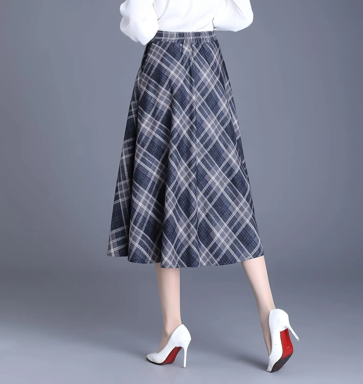 Women's Winter High Waist Plaid Long Skirt Slim A-line Elegant Midi Skirt with Pocket