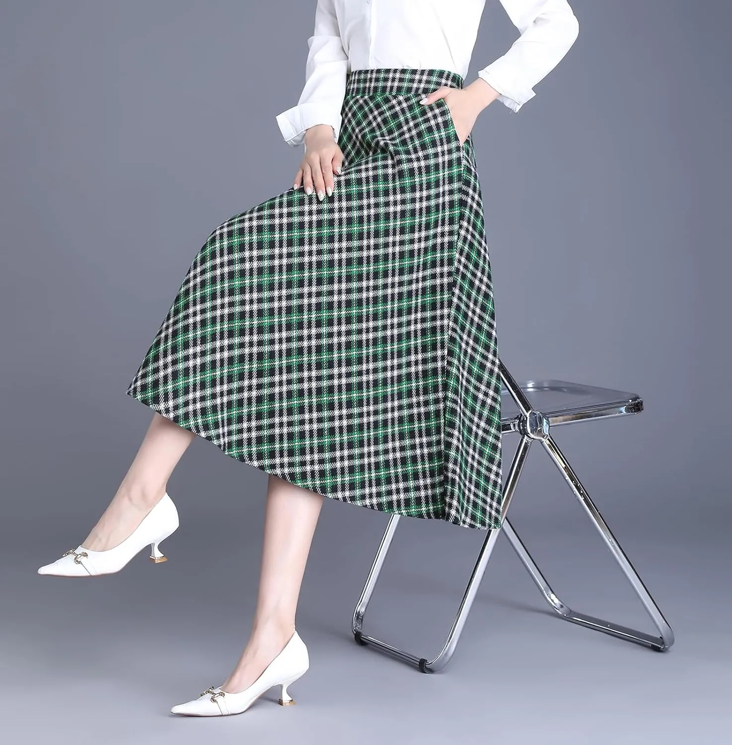 Women's Winter High Waist Plaid Long Skirt Slim A-line Elegant Midi Skirt with Pocket