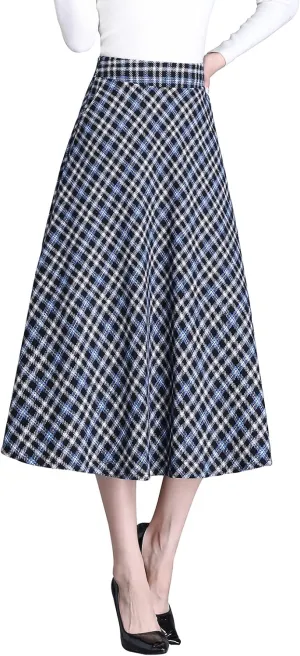 Women's Winter High Waist Plaid Long Skirt Slim A-line Elegant Midi Skirt with Pocket