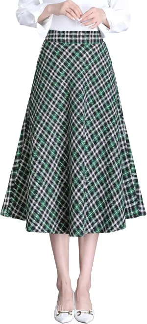Women's Winter High Waist Plaid Long Skirt Slim A-line Elegant Midi Skirt with Pocket