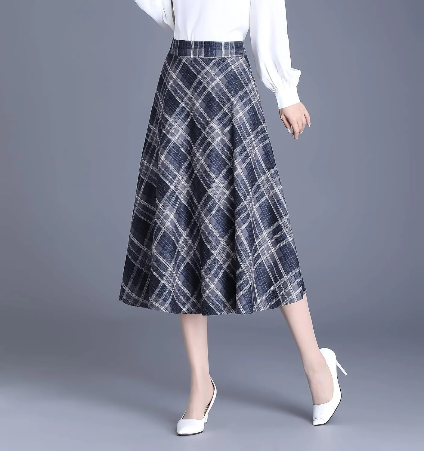 Women's Winter High Waist Plaid Long Skirt Slim A-line Elegant Midi Skirt with Pocket