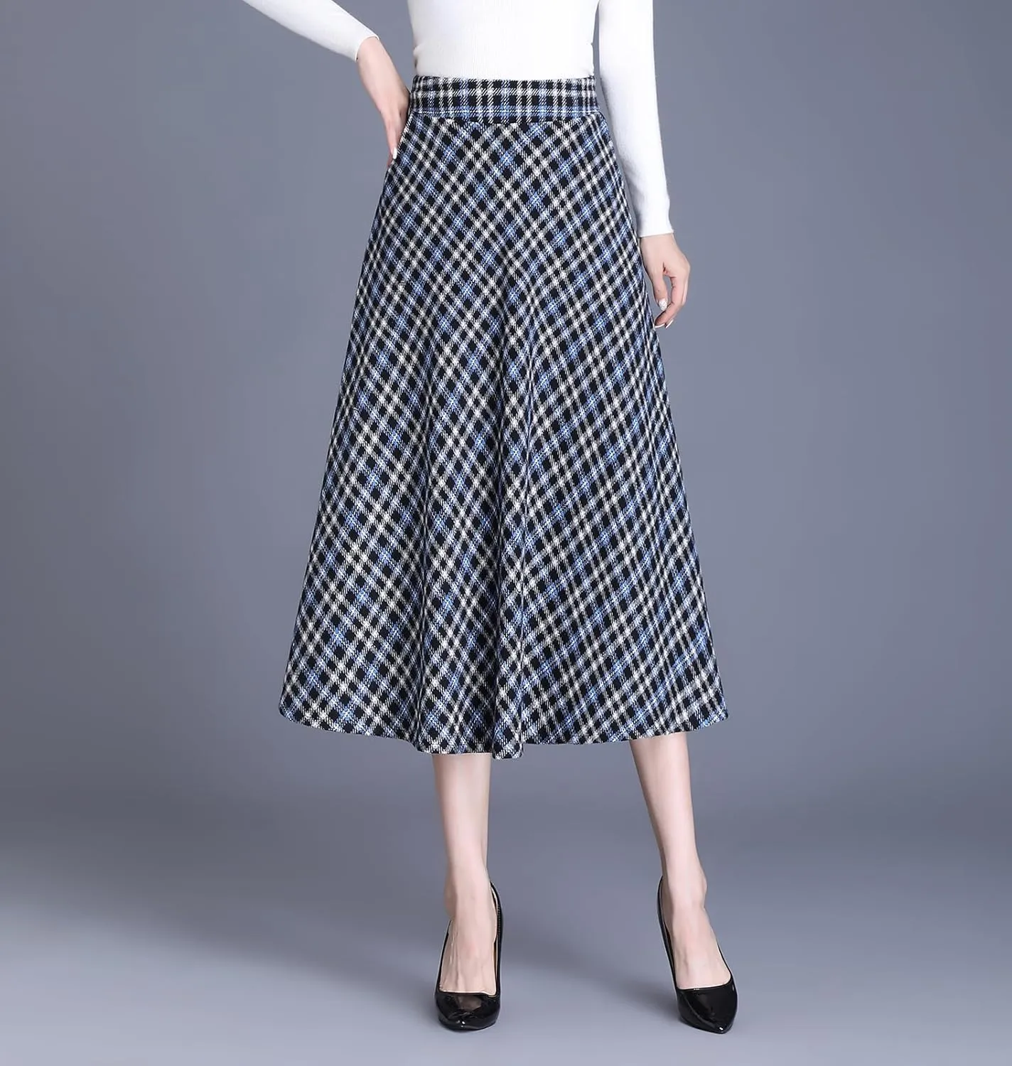 Women's Winter High Waist Plaid Long Skirt Slim A-line Elegant Midi Skirt with Pocket