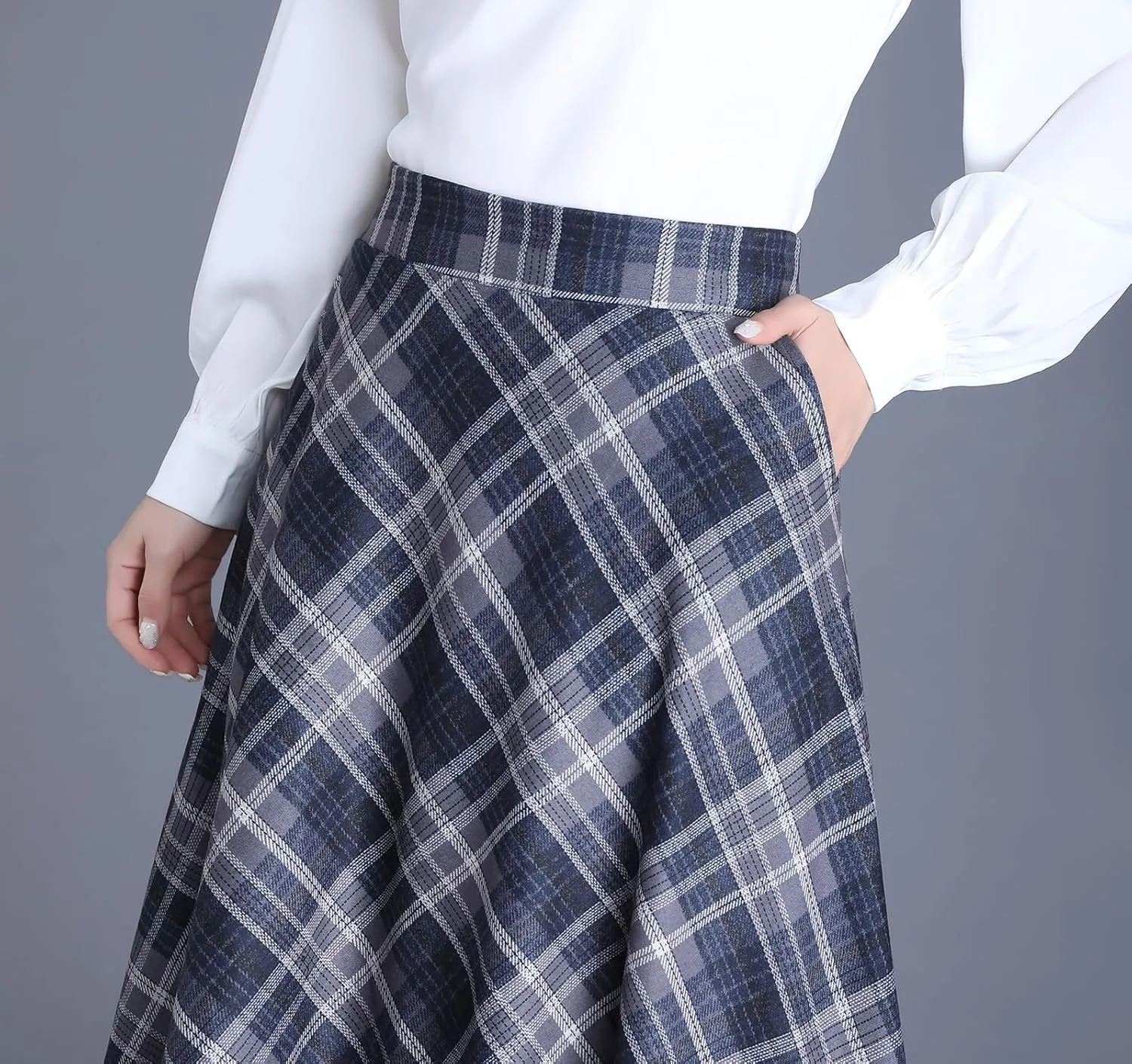 Women's Winter High Waist Plaid Long Skirt Slim A-line Elegant Midi Skirt with Pocket