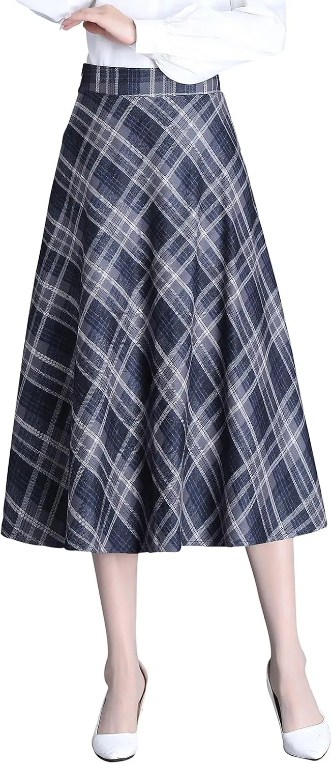Women's Winter High Waist Plaid Long Skirt Slim A-line Elegant Midi Skirt with Pocket