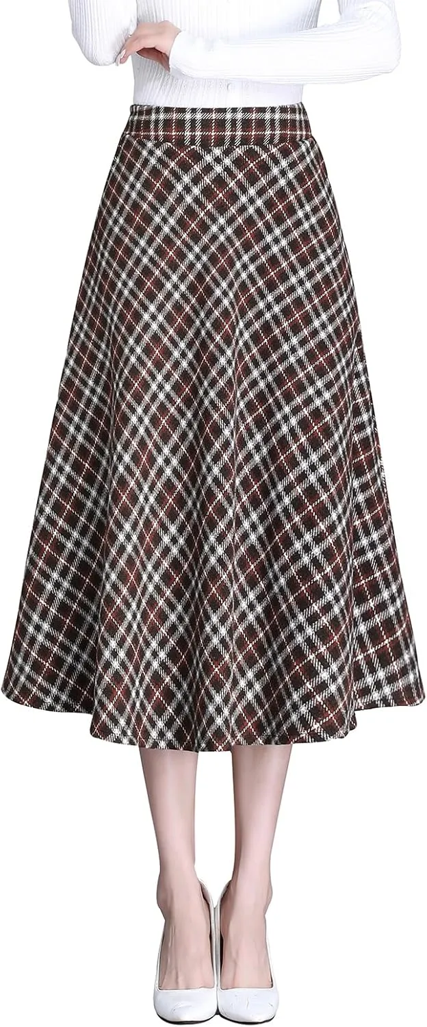 Women's Winter High Waist Plaid Long Skirt Slim A-line Elegant Midi Skirt with Pocket