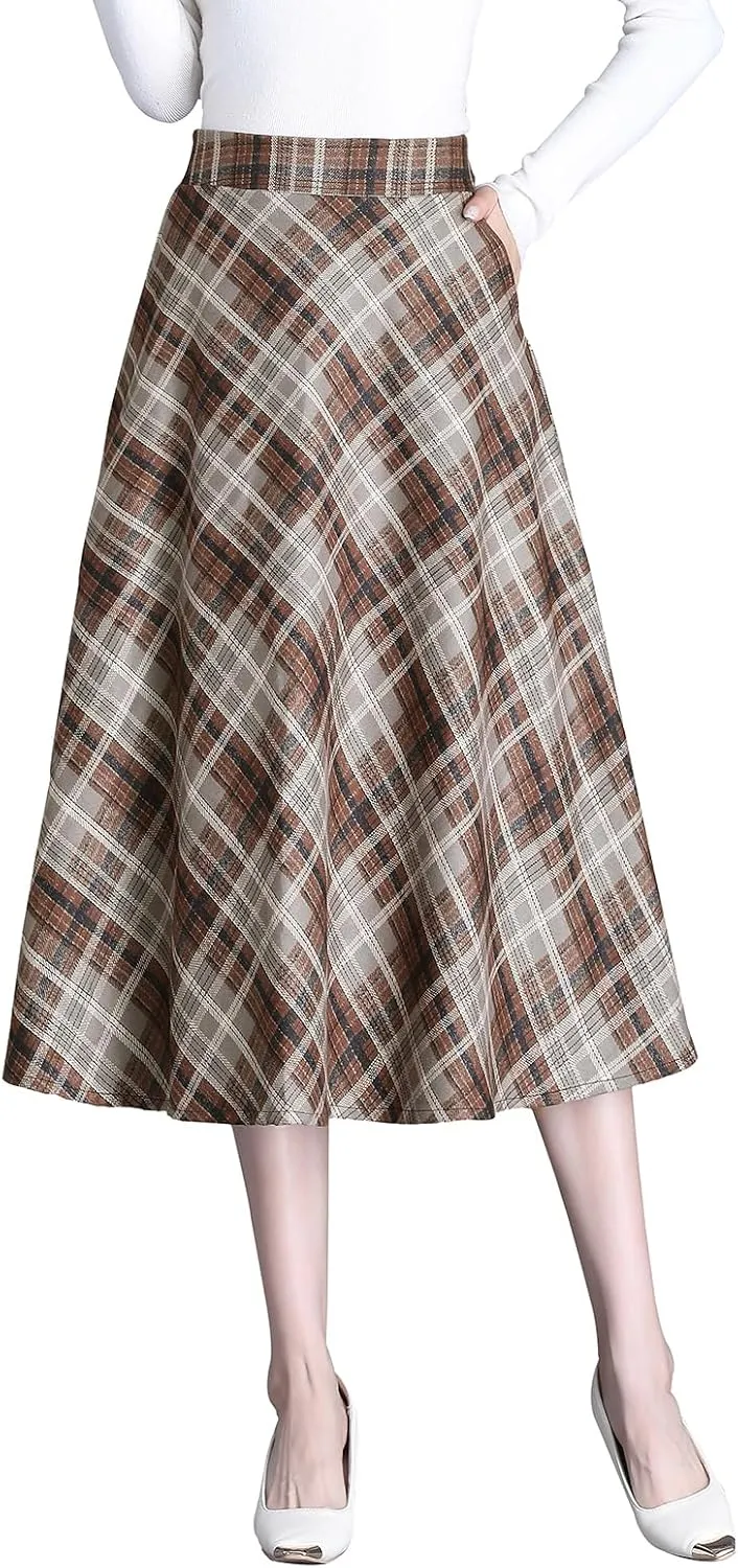 Women's Winter High Waist Plaid Long Skirt Slim A-line Elegant Midi Skirt with Pocket