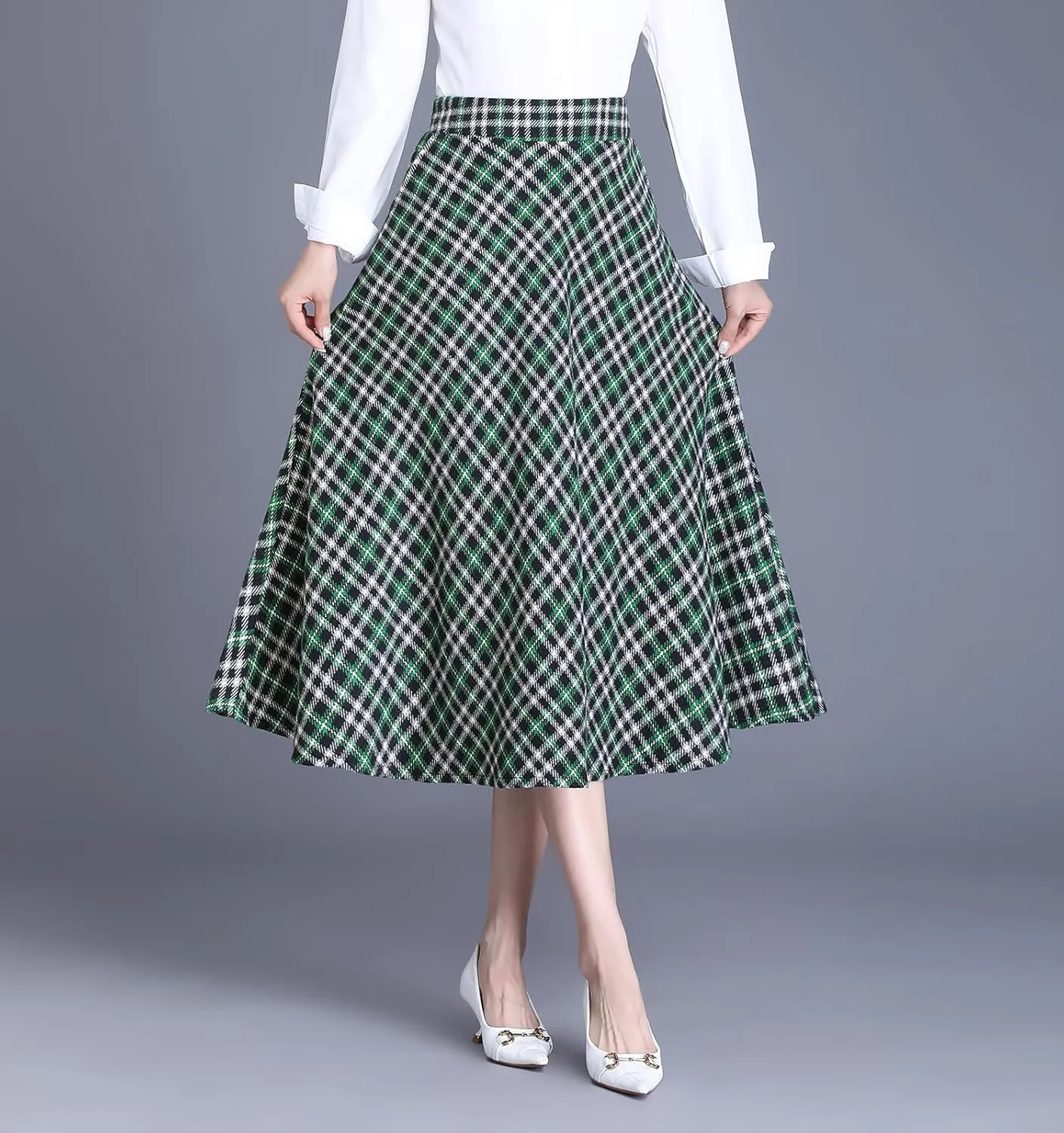 Women's Winter High Waist Plaid Long Skirt Slim A-line Elegant Midi Skirt with Pocket