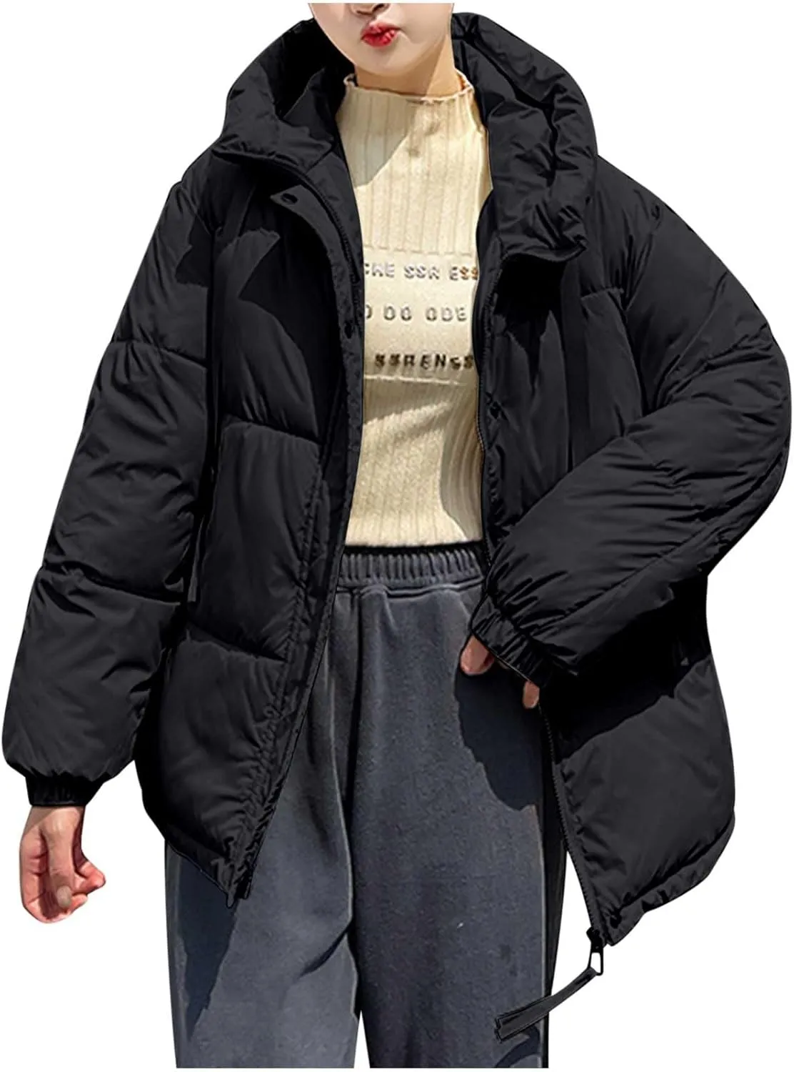 Women's Winter Oversized Puffer Jacket Longline Hoodie Zippered Mock Neck Outwear Coats Quilted Warm Padded down Coat