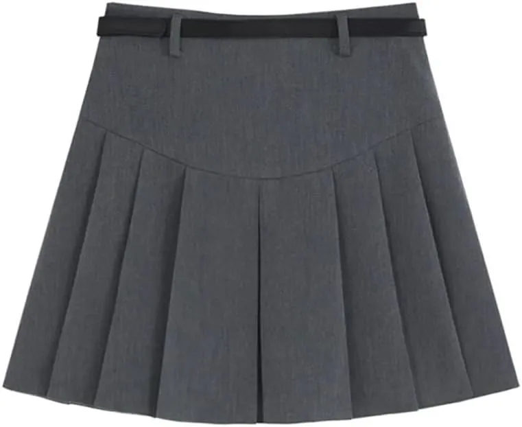 Women's with Belt A Line Pleated Skirts High Waisted Solid Mini Skirt