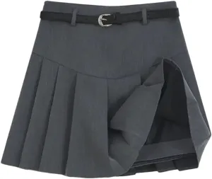 Women's with Belt A Line Pleated Skirts High Waisted Solid Mini Skirt