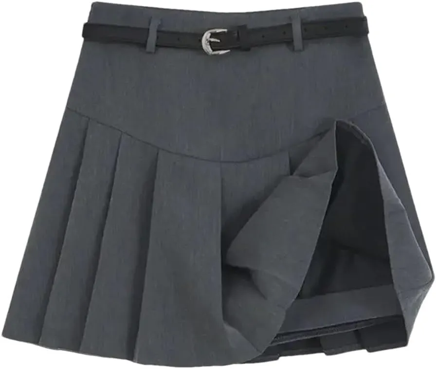 Women's with Belt A Line Pleated Skirts High Waisted Solid Mini Skirt