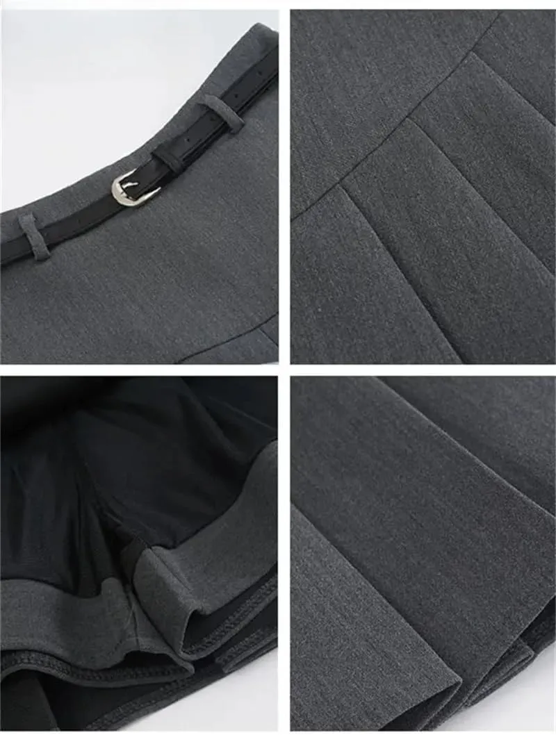 Women's with Belt A Line Pleated Skirts High Waisted Solid Mini Skirt