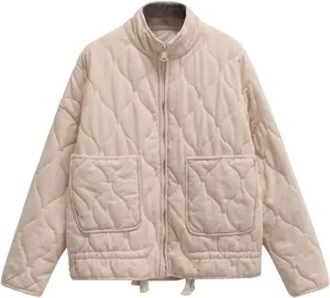 Women's Y2K Vintage Puffer Quilted Cotton Padded Jacket Grunge Stand Collar Zipper Coat Aesthetics Long Sleeve Top