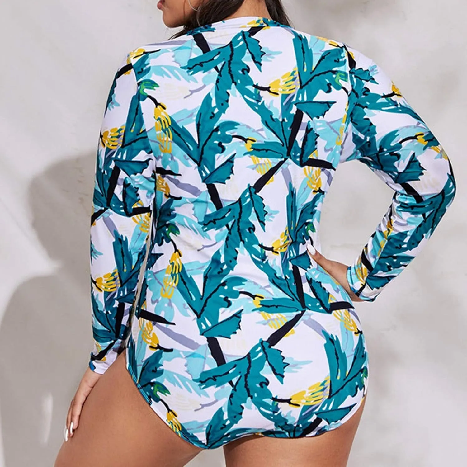 Womens Zipper Long Sleeve Rash Guard Plus Size Surfing One Piece Tummy Control Swimsuit Bathing Suit L-4XL