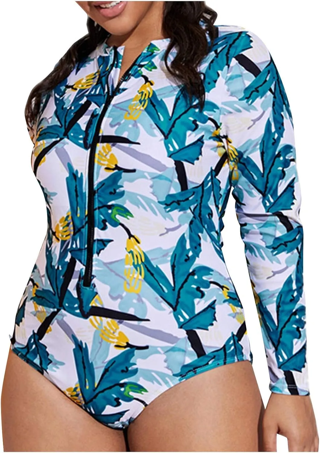 Womens Zipper Long Sleeve Rash Guard Plus Size Surfing One Piece Tummy Control Swimsuit Bathing Suit L-4XL