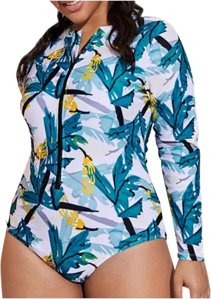 Womens Zipper Long Sleeve Rash Guard Plus Size Surfing One Piece Tummy Control Swimsuit Bathing Suit L-4XL