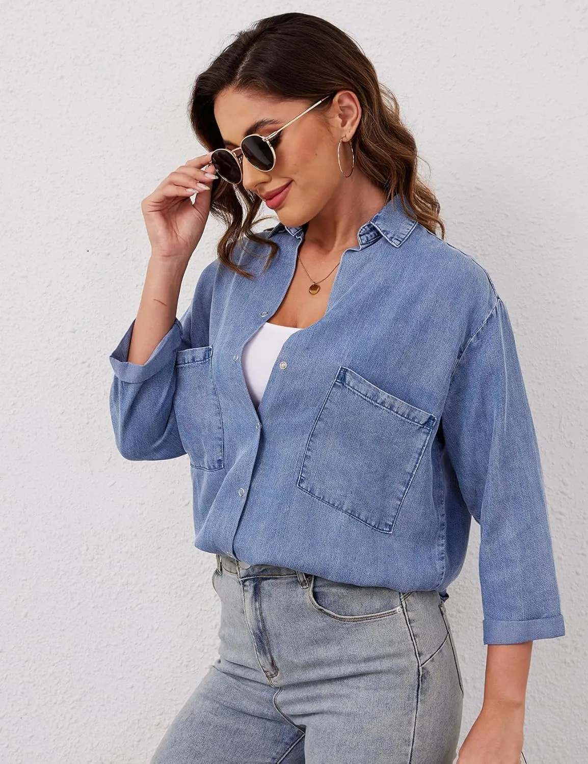 Wyeysyt Womens Chambray Shirt Denim Blue Button Down Jean Shirt Oversized Denim Tops Soft Tencel Casual 3/4 Sleeve Jacket