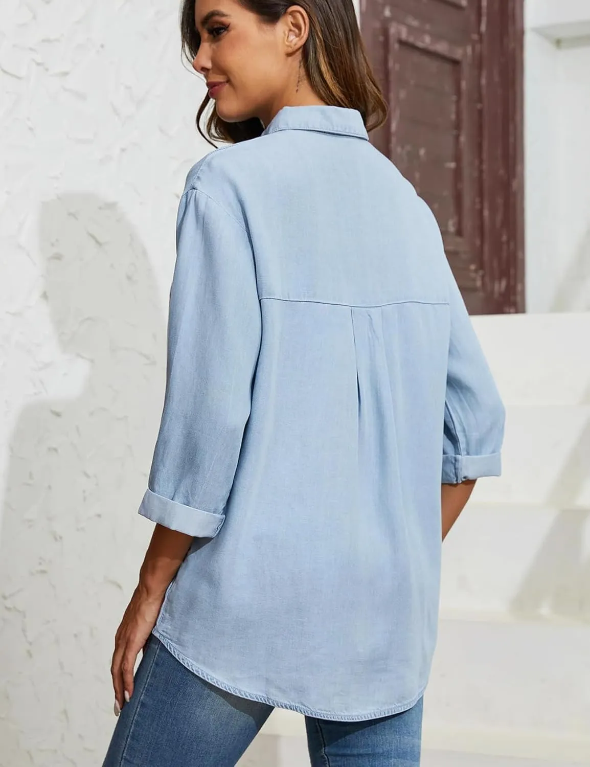 Wyeysyt Womens Chambray Shirt Denim Blue Button Down Jean Shirt Oversized Denim Tops Soft Tencel Casual 3/4 Sleeve Jacket