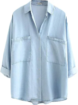 Wyeysyt Womens Chambray Shirt Denim Blue Button Down Jean Shirt Oversized Denim Tops Soft Tencel Casual 3/4 Sleeve Jacket