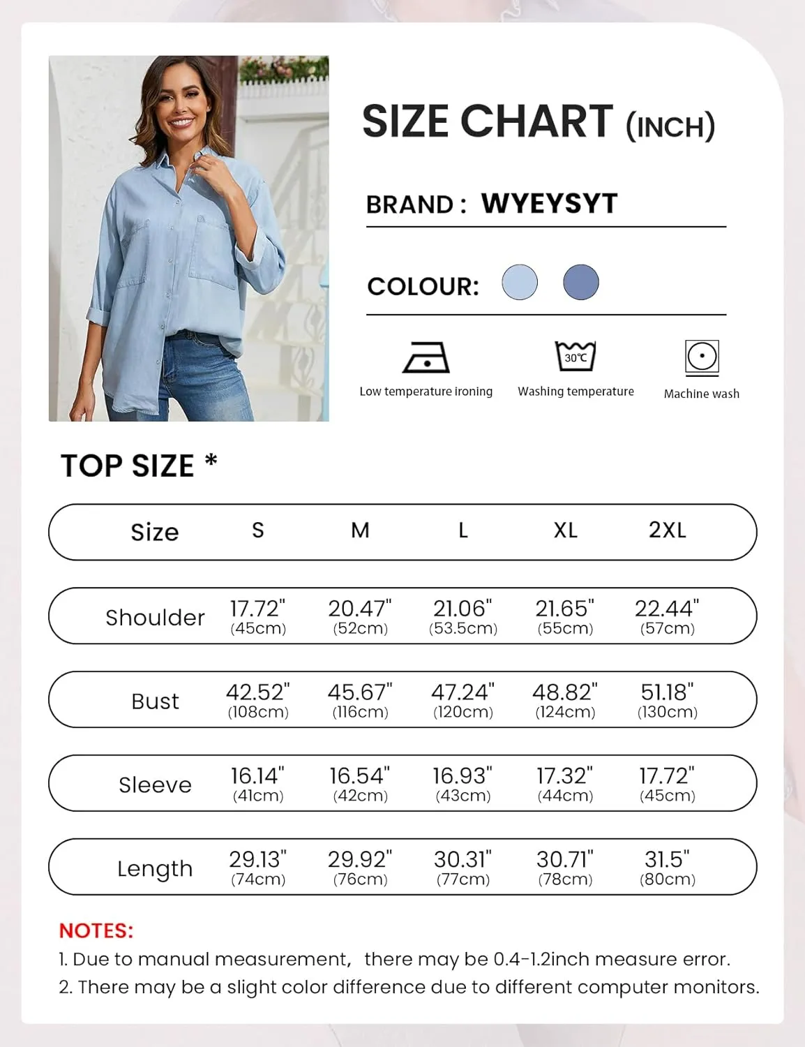 Wyeysyt Womens Chambray Shirt Denim Blue Button Down Jean Shirt Oversized Denim Tops Soft Tencel Casual 3/4 Sleeve Jacket