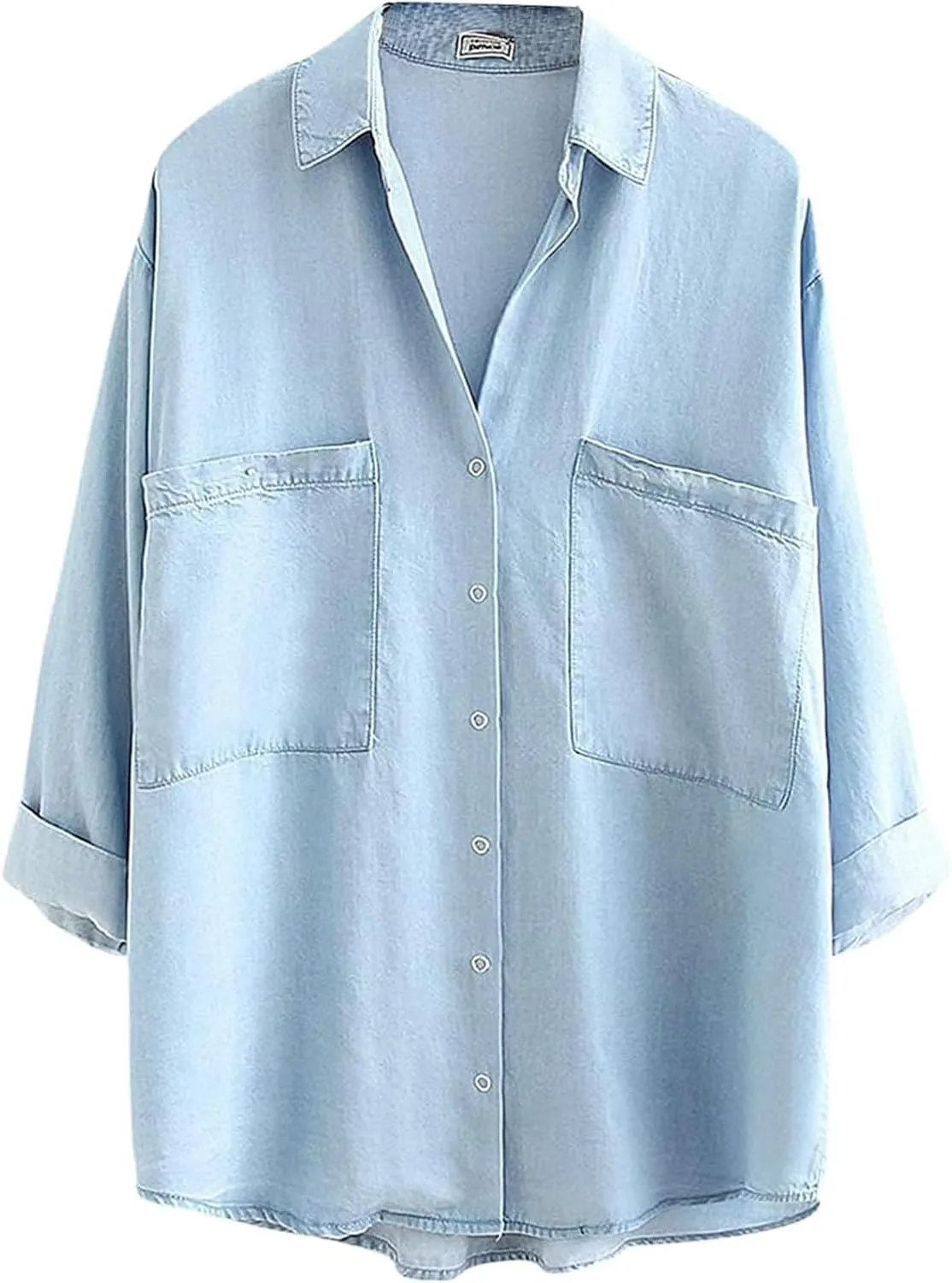 Wyeysyt Womens Chambray Shirt Denim Blue Button Down Jean Shirt Oversized Denim Tops Soft Tencel Casual 3/4 Sleeve Jacket