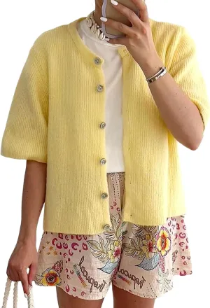 Wyeysyt Womens Cropped Knitted Cardigan Y2K Short Sleeve Button Down Sweater Cardigan Shirt Casual Solid Color Ribbed Outwear