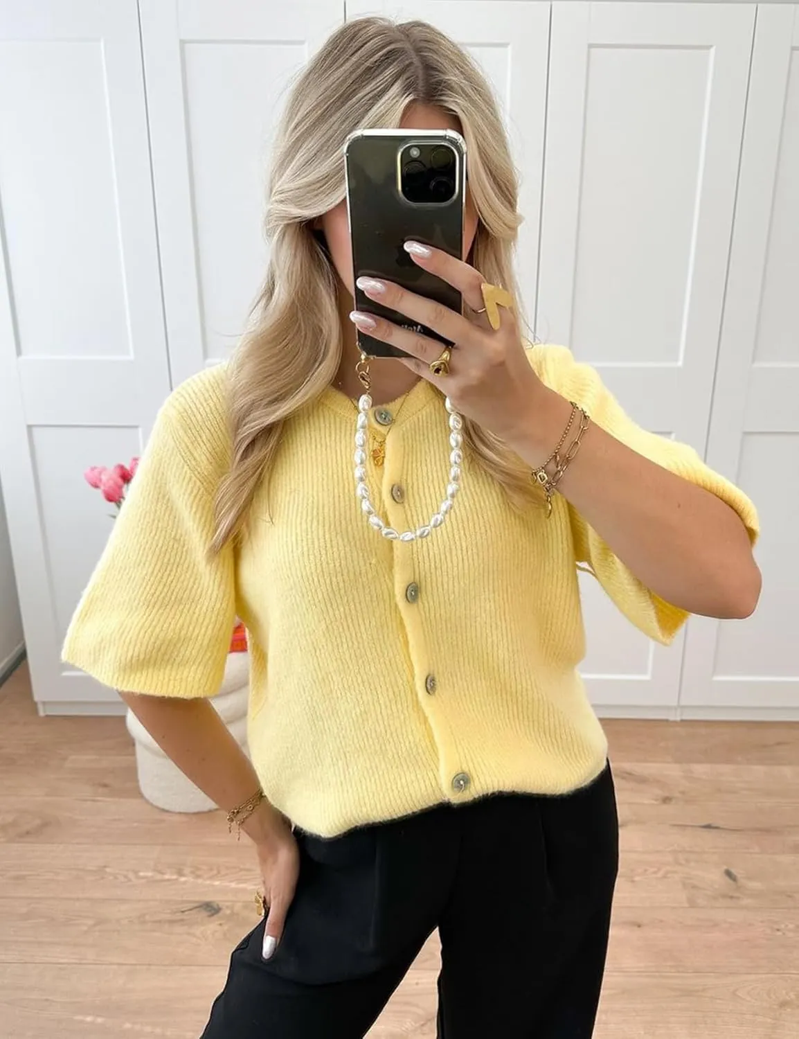 Wyeysyt Womens Cropped Knitted Cardigan Y2K Short Sleeve Button Down Sweater Cardigan Shirt Casual Solid Color Ribbed Outwear