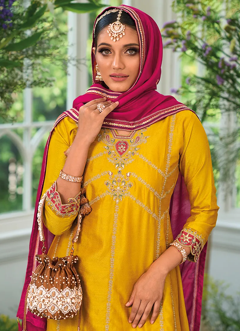 Yellow And Pink Embroidery Traditional Salwar Kameez