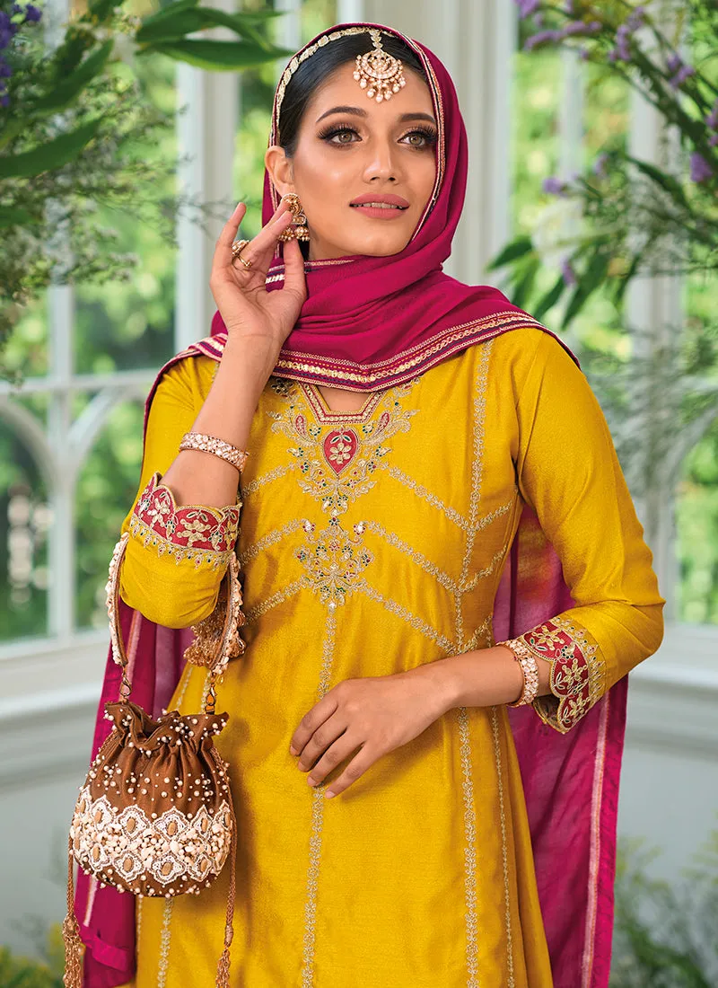 Yellow And Pink Embroidery Traditional Salwar Kameez