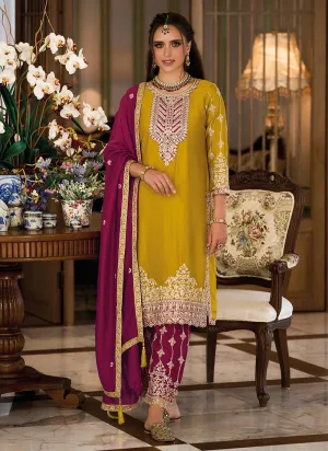 Yellow And Wine Designer Embroidery Salwar Kameez