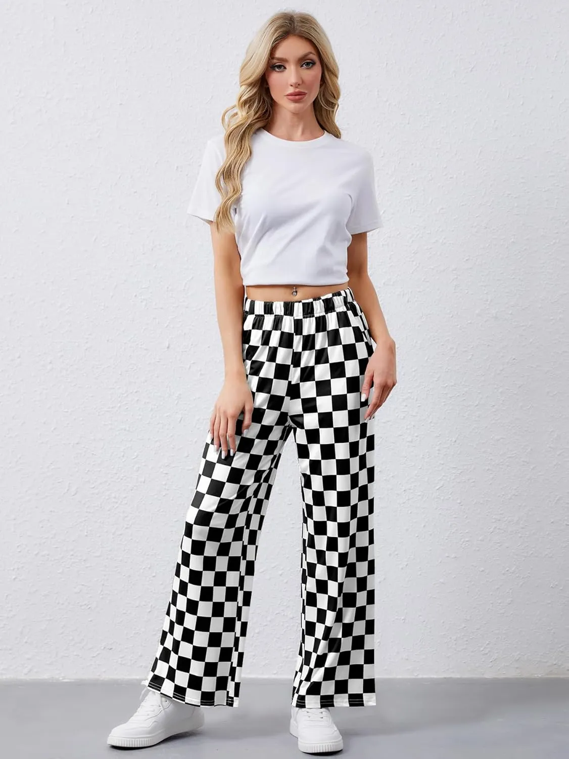 YKR Checkered Pants Women Casual Loose Wide Leg Straight Lounge Comfy Y2K Gingham Pants with Pockets