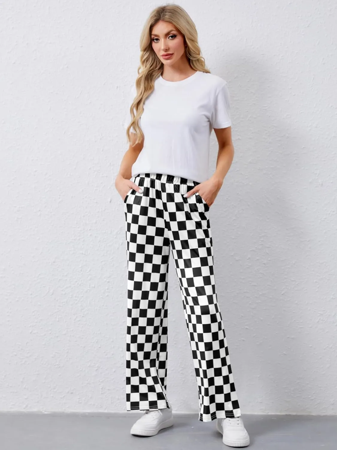 YKR Checkered Pants Women Casual Loose Wide Leg Straight Lounge Comfy Y2K Gingham Pants with Pockets
